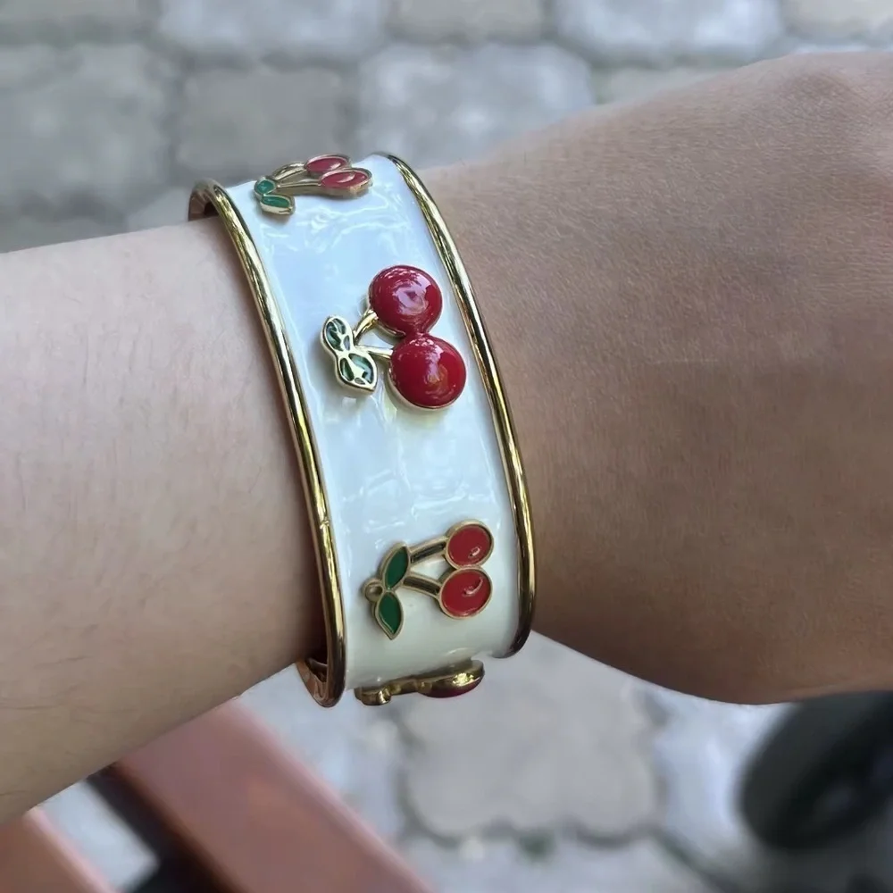 Red Cherry 18K Gold Stainless Steel Enamel Bangle Bracelet